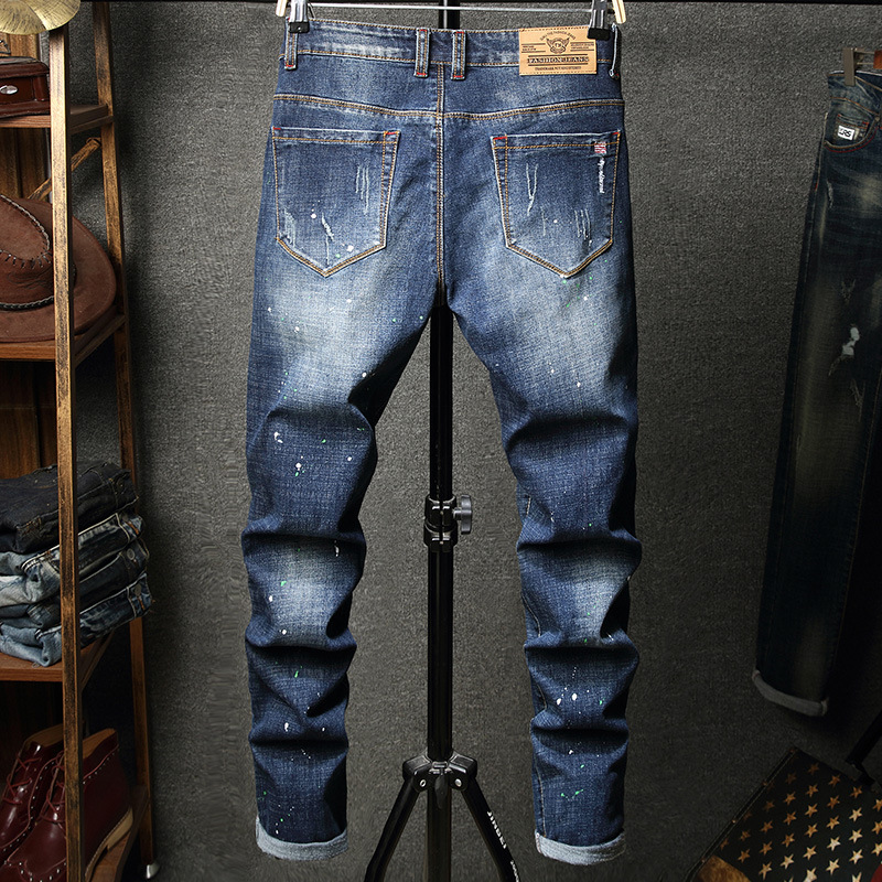 Jean slim à jambe droite et élastique pour homme, coupe slim, broderie déchirée, pantalon long tendance pour homme_voghion.com