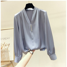 2 023秋季新款韩国宽松显瘦纯色V领珍珠套头长袖雪纺衫女薄款上衣