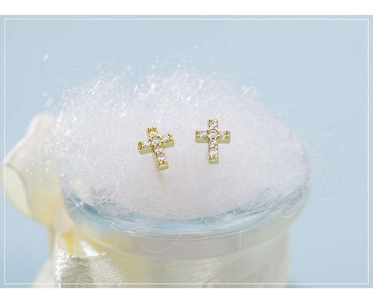 Daily Occasion Sterling Silver Material 1 Pair Simple Style Cross Sterling Silver Inlay Zircon Ear Studs