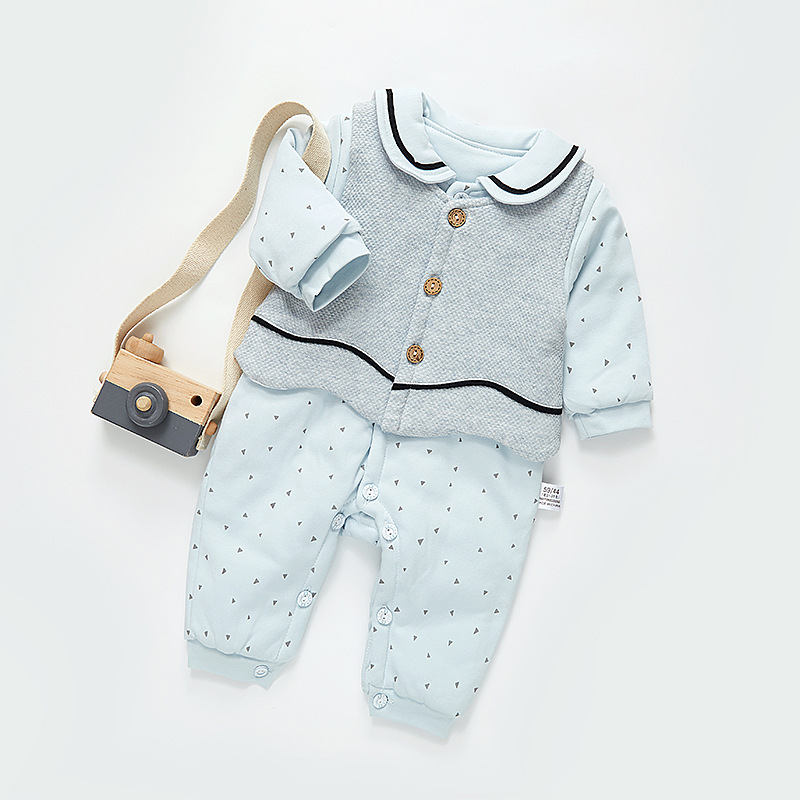 嬰兒連體衣春秋裝薄棉馬甲兩件套秋冬3-6-9月男寶寶衣服夾棉外穿