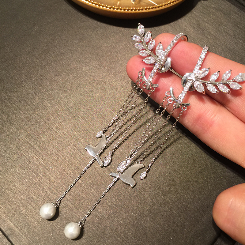 S925 Silver Needle Wheat Earrings Long Fringed Seagull Front And Rear Dual-use Earrings Super Fairy Creative Sweet Earrings display picture 6