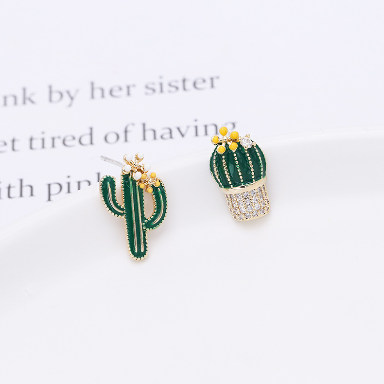 New Asymmetric Sterling Silver Needle Micro Inlaid Zircon Temperament Earrings Cactus Earrings Painted Earrings display picture 7