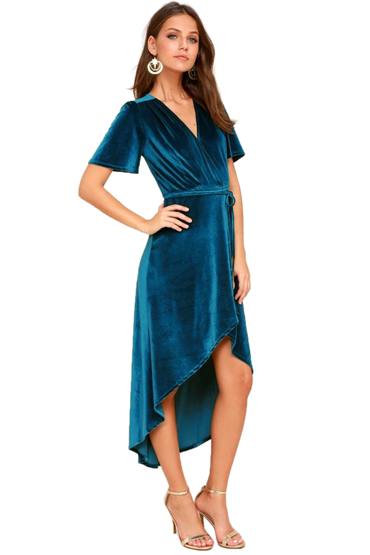 Women Clothing V-neck Dress Velvet Cardigan Lace-up Irregular Asymmetric Dress