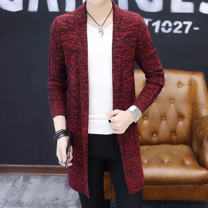 2022 Spring Cross-border New Men's Long-sleeved Knitted Sweater Jacket Mid-long Korean Style Student Trendy Sweater Cardigan