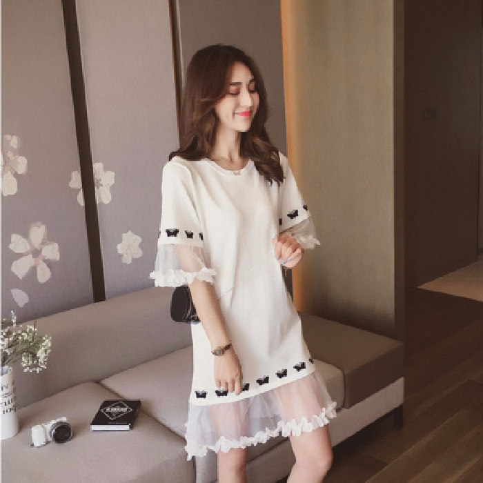 Summer Korean version of mesh stitching dress loose half sleeve sleeve knitted skirt big swing temperament women's wholesale