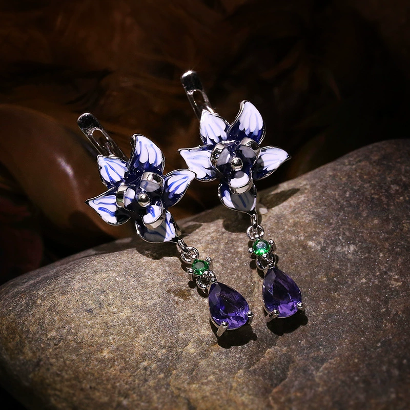 Floral pendant and earring set, zircon stones with enamel detailing, European style