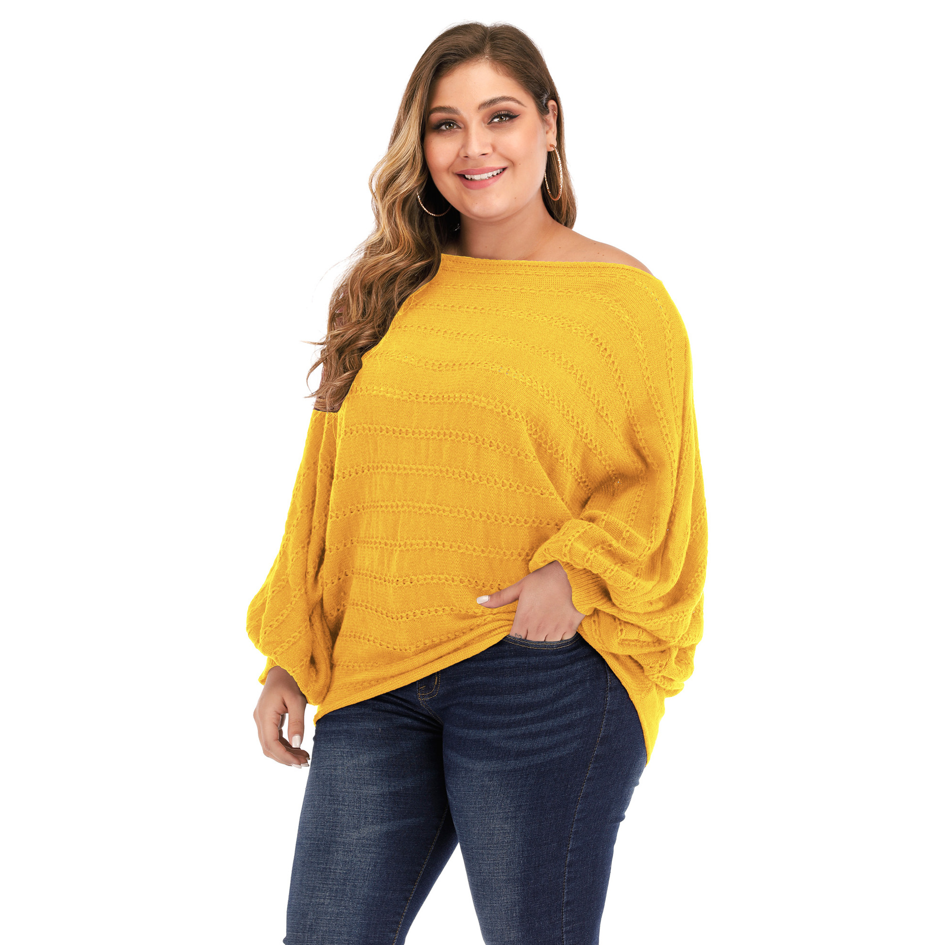 plus size bat-sleeved woven sweater  NSOY26830