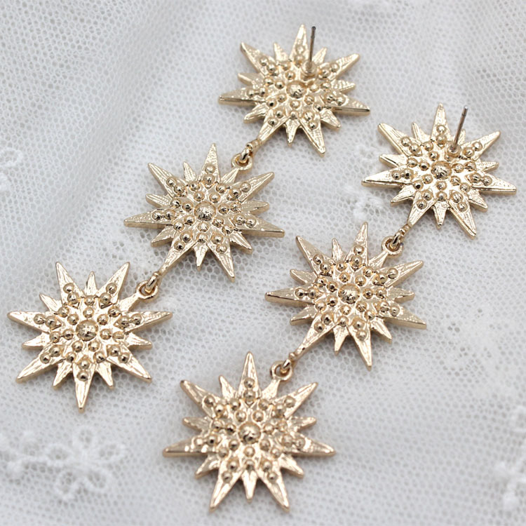 欧美时尚潮人跨境电商货源新款耳饰金色太阳花合金镶钻流苏耳坠女