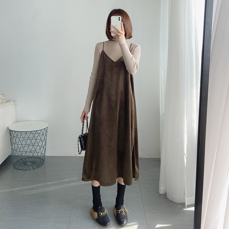 19冬/party女神复古优雅丝绒吊带裙V领中长款叠穿A字纯色连衣裙女