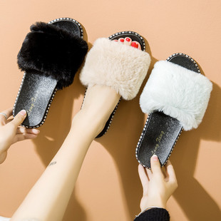 Plush slippers women's autumn outdoor thick-soled wear-resistant fluffy slippers wholesale indoor non-slip home women's shoes processing