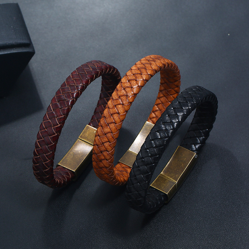 Stainless steel leather bracelet vintage woven menu0027s jewelry imitation cowhide bracelet titanium