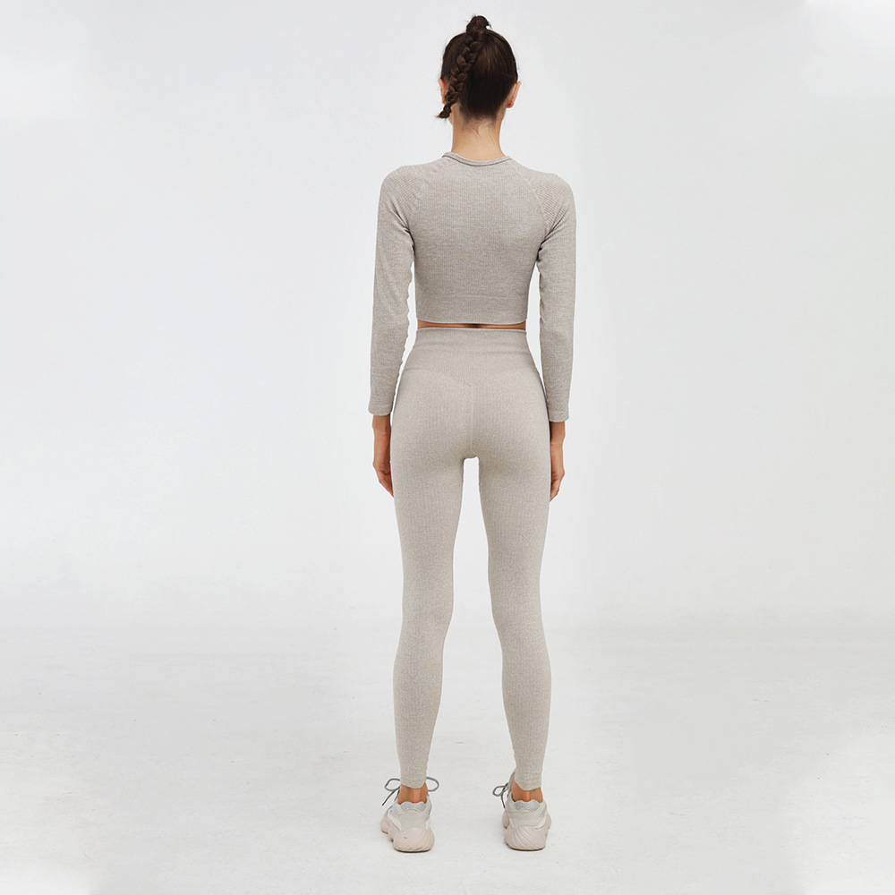2 Piece Set Women Ribbed Seamless Long Sleeve Yoga Sets Workout Clothes for Women High Waist Sports Legging Long Sleeve Top