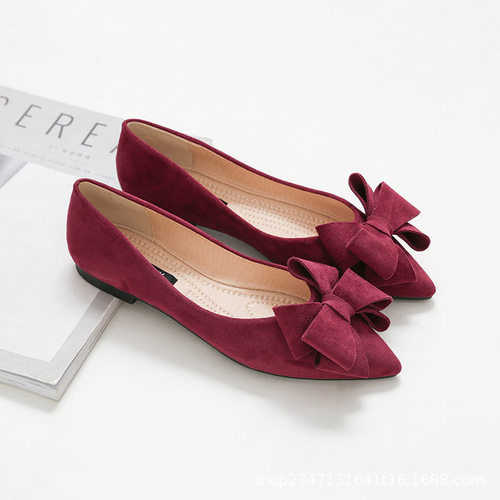  New Korean Style Pointed Toe Shoes Women's Bow Tie Large Size Women's Shoes Simple Solid Color Low Heel Suede Shoes