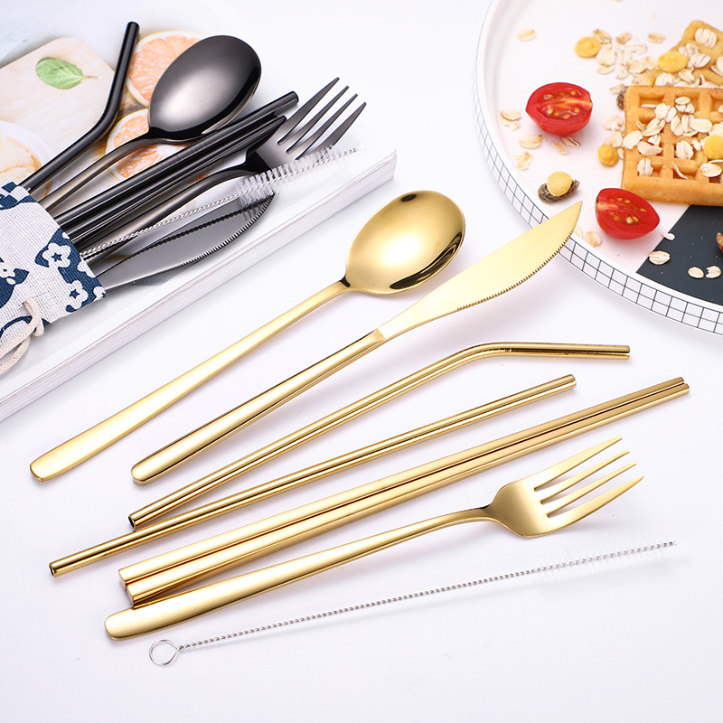 304不锈钢刀叉勺吸管便携套装 户外旅行收纳学生餐具筷子勺子组合