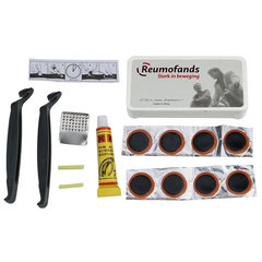 Bicycle tire repair tool set, tire repair box containing glue, pry bar film, tire repair file, pry bar, chicken skin