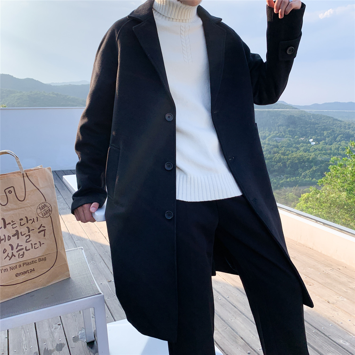 Abrigo de lana de los hombres de media longitud de estilo coreano sobre la rodilla cazadora suelta más tamaño estudiante de moda abrigo de lana de estilo británico