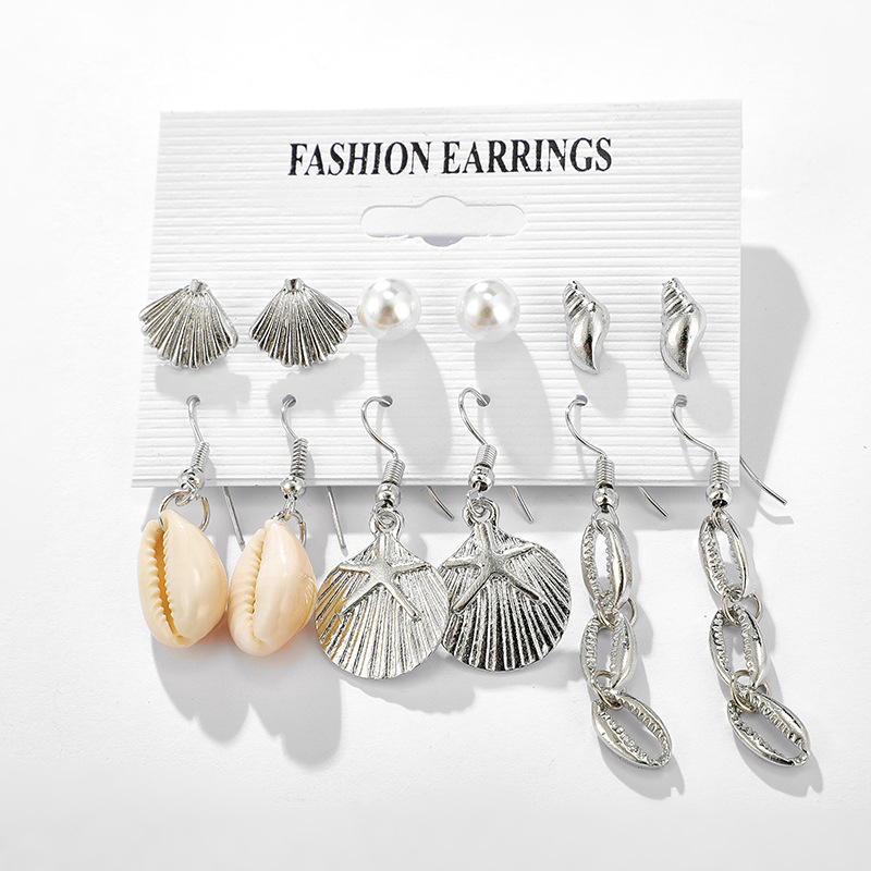 Earrings Marine Wind Pearl Conch Scallop Shell Earrings Earrings 6-piece Set Female display picture 8