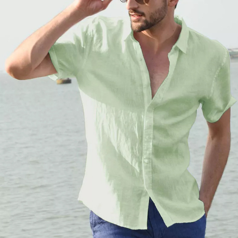 Cross border European and American summer short sleeve casual foreign trade men's shirt men's 2019 solid color shirt popular on eBay