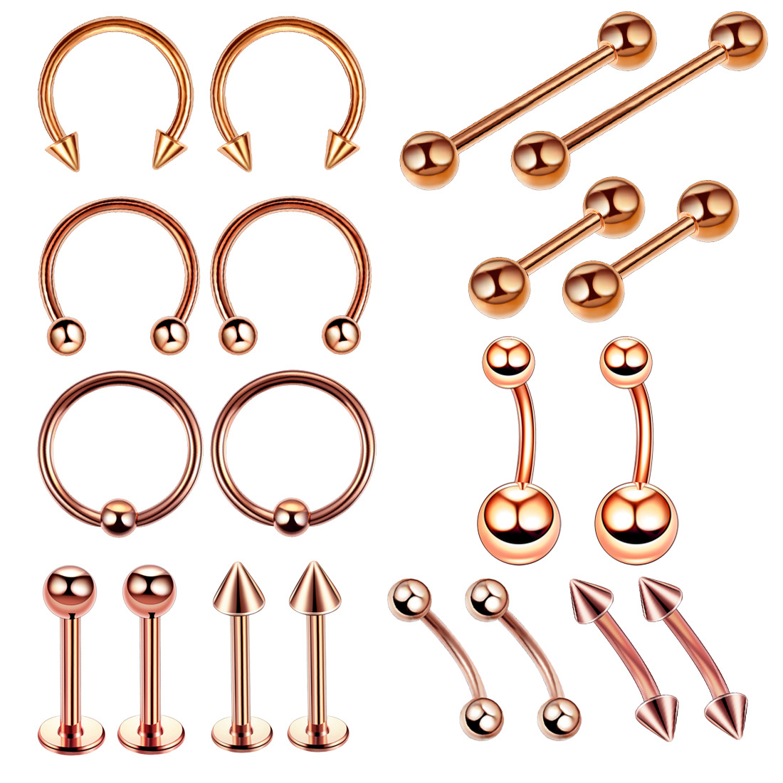 Beliebtes 20-teiliges Set aus Edelstahl-Lippen- und Nasensteckern, Ohrringen und Ringen – Piercingschmuck im grenzüberschreitenden Großhandel_voghion.com