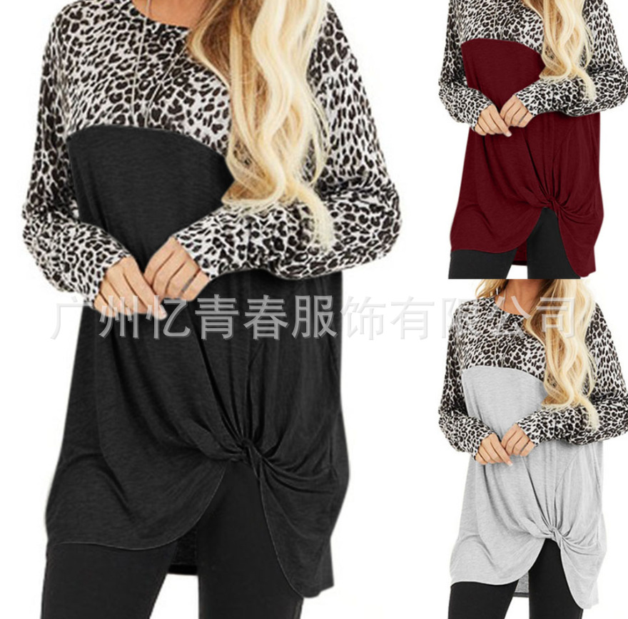 The new amazon hot style leopard print, matching color, long sleeve, round neck, and knotted hem, medium length T-shirt for spring 2020