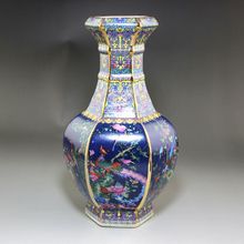 厂家现货收藏古玩复古工艺品珐琅彩描金杂件花鸟六方花瓶乾隆年制