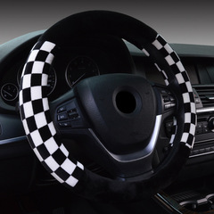 New Short Fleece Car Steering Wheel Cover Grade A Inner Circle, Retro Checkered Black and White Fleece Steering Wheel Cover Wholesale