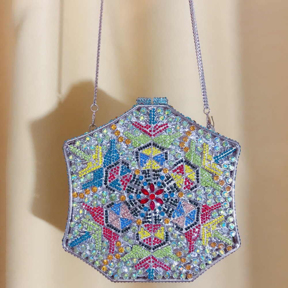 Túi clutch nữ đính pha lê kim cương bông tuyết, thiết kế hợp kim rỗng, làm bằng tay — Màu tím, Màu xanh lam, Ảnh tùy chỉnh được Cá nhân hóa, Màu đỏ hoa hồng chi tiết 27