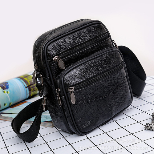 Wholesale genuine leather men's top grain cowhide unisex single-shoulder crossbody bag men's small bag with multiple zippers business bag