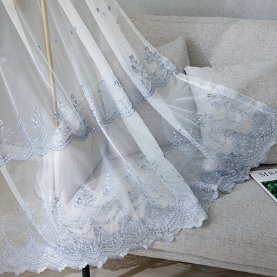 厂家直销蓝色小花绣花纱  简约现代客厅卧室窗帘布配套纱 绣花纱