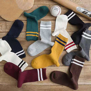 Zhuji New Spring and Autumn Socks Women's Trendy Mid-length Socks Casual All-match Two-bar Stacks Korean Style Thickened Striped Socks