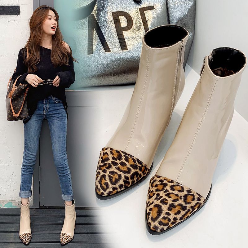 靴子女秋冬新款女靴拼色高跟短靴欧外贸大码女鞋子速卖通一件代发