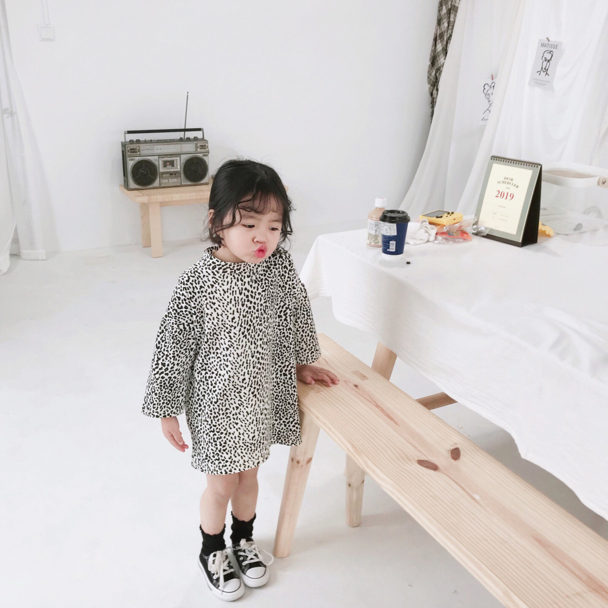 2019春季新款童装豹纹T恤那女童纯棉圆领洋气T恤裙打底宝宝连衣裙