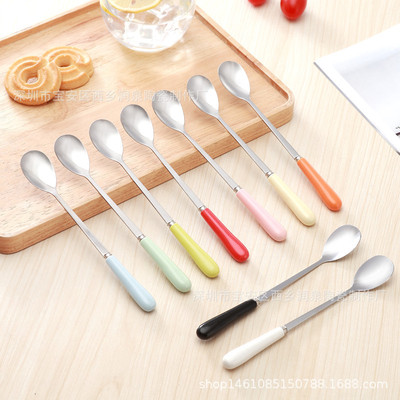 批发定制不锈钢创意韩式陶瓷柄彩色儿童勺子搅拌勺调羹汤勺咖啡勺|ms