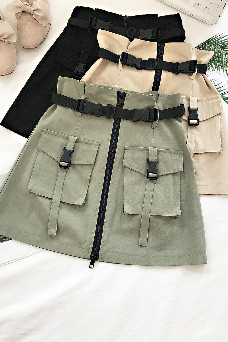 Casual de Verão Sólida com Faixas de Bolso com Zíper Solta de Cintura Safari Saia Estilo Feminina Alta 2021 Feminino Cor 2 High Quality Moda Feminina