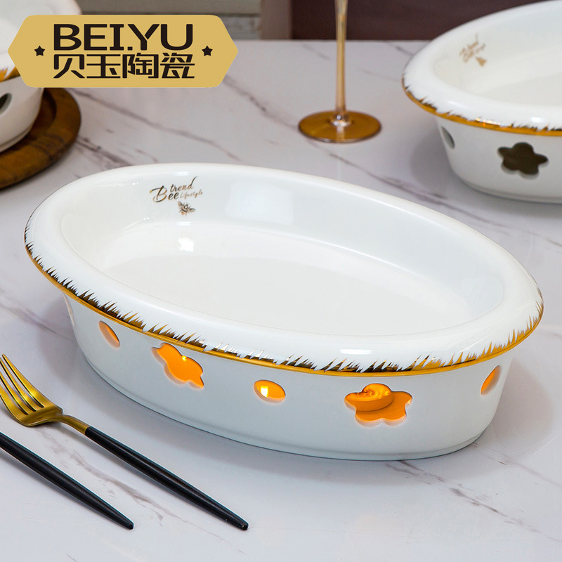Beiyu Little Bee Dry Pot Candle Heating Insulation Ceramic Vegetable Plate Fish Plate Alcohol Hotel Tableware Wholesale Customization