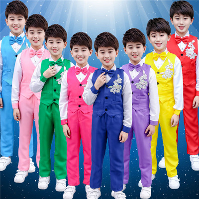Children toddlers green pink yellow red purple blue chorus shirts pants group performance outfits boys kindergarten poetry reading choir singers clothing kids