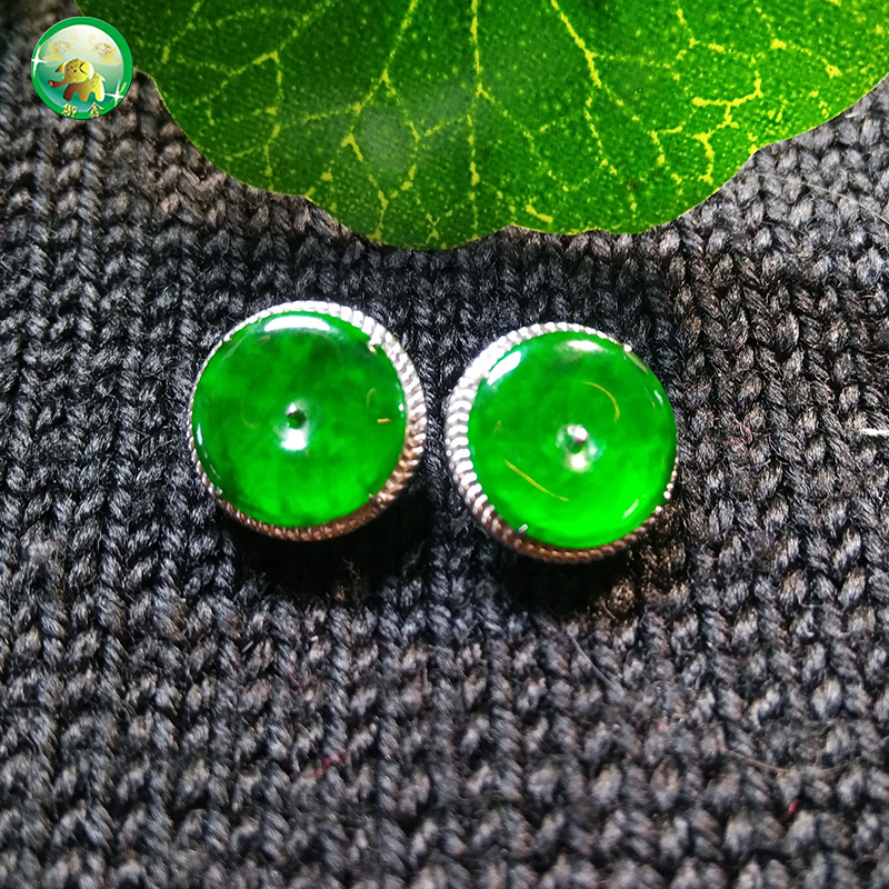 Emerald Ping An buckle Ear Studs Myanmar Yang Green Ice Dripping water Earrings Emerald Leaf ear hook Gold Set