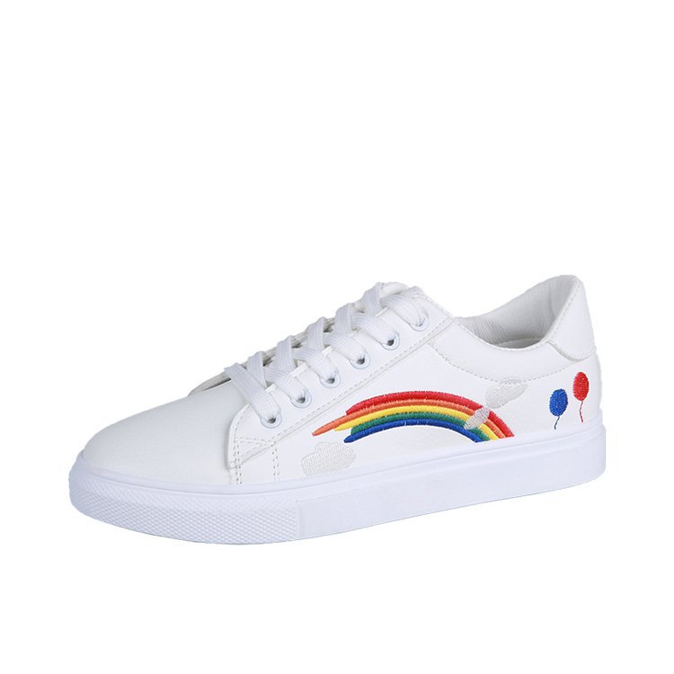 New Small White Shoes Flat Bottom Adhesive Lace Up Single Shoes Korean Rainbow Board Shoes Casual Shoes Wholesale  Lady ShoesPromotion Of Student Women's Shoes