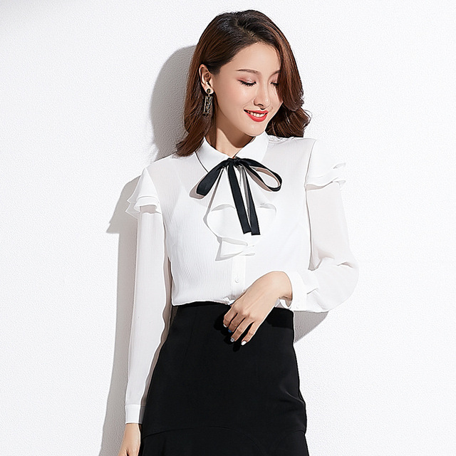 New Turn-over Collar Lotus Leaf Edge Shirt with Butterfly Knot 