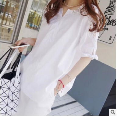 Summer New Shirt Women's Korean Large Size Women's Off-shoulder Loose Embroidered Shirt Mid-length Lace Shirt
