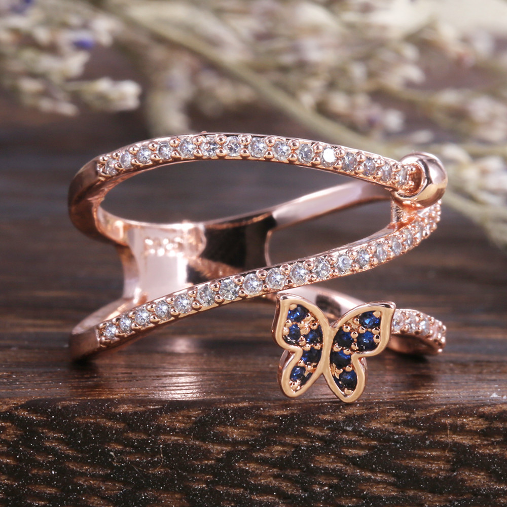 new creative blue butterfly shape micro-set zircon fashion ladies copper ring