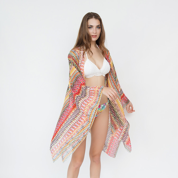 2020 nueva venta caliente estilo europeo y americano patrón geométrico playa bikini blusa protección solar kimono cardigan