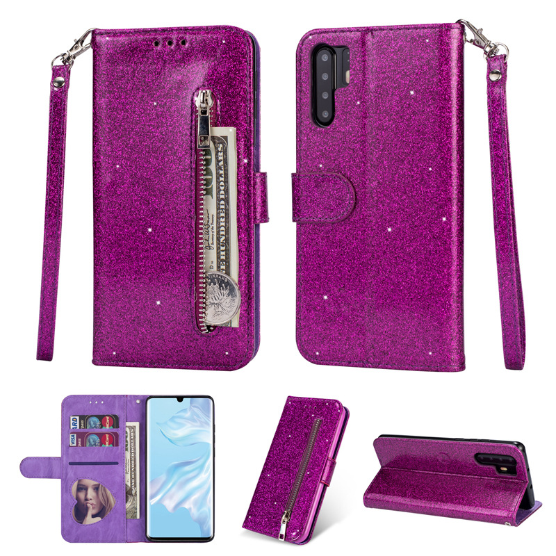 适用华为P30时尚闪粉拉链包挂绳钱包手机套P30 Pro翻盖支架保护套