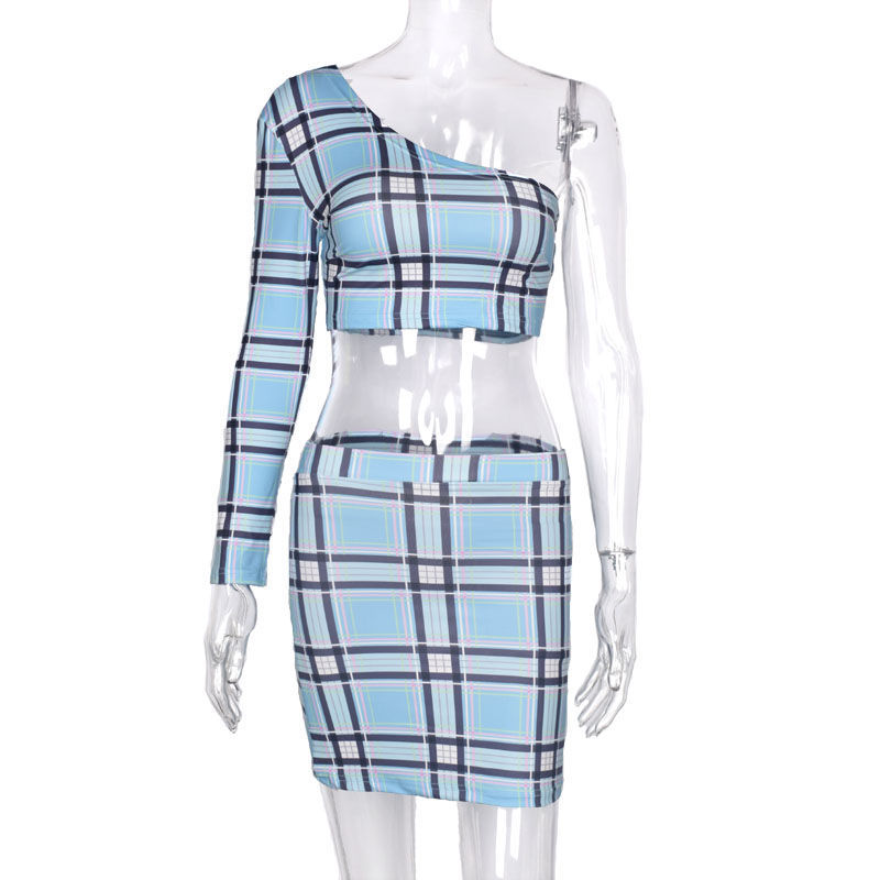 unilateral sleeve plaid skirt suit   NSKL19684