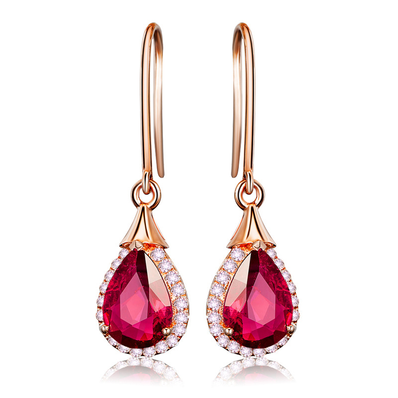Elegant ruby golden earrings drop-shaped