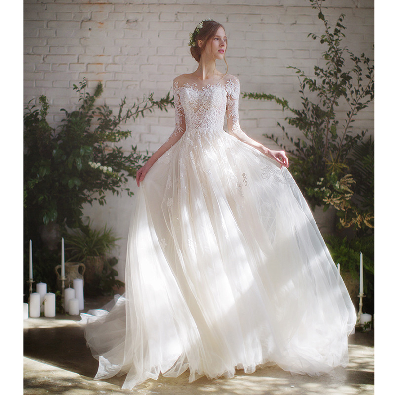 Abbigliamento donna Abito da sposa nuova sposa manica media strascico stile foresta semplice super fata sogno donna incinta copertura gravidanza pancia femmina_voghion.com