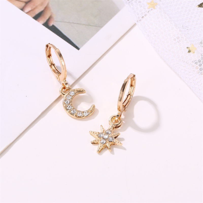 New Style Earrings Asymmetry Stars Moon Earrings Fashion Diamond-set Earrings Copper Women's Earring display picture 5