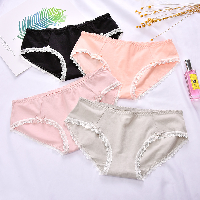 新品性感蕾絲邊純色無痕內褲女全棉舒適透氣低腰防走光女士三角褲