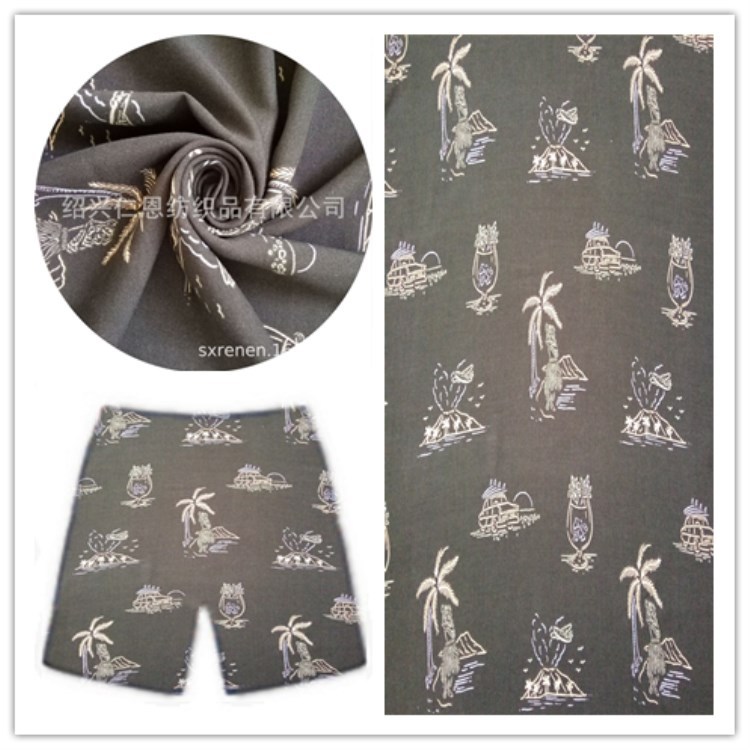 梭织人棉印花布 沙滩裤 男士衬衫面料  椰树酒杯印花人棉印花面料