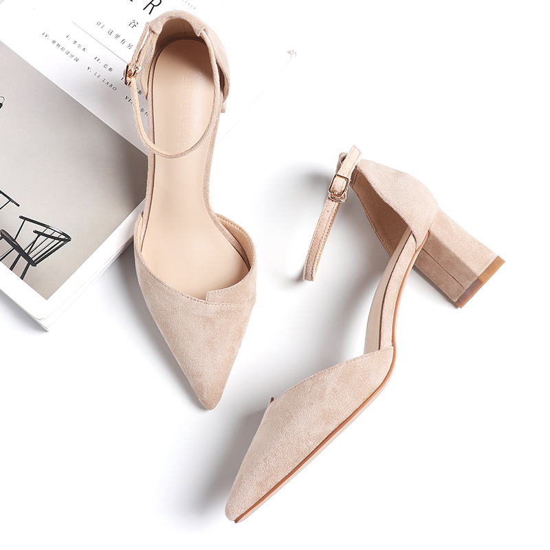 芙号 新型粗跟一字扣凉鞋中空单鞋女2021年春季新款休闲高跟女鞋